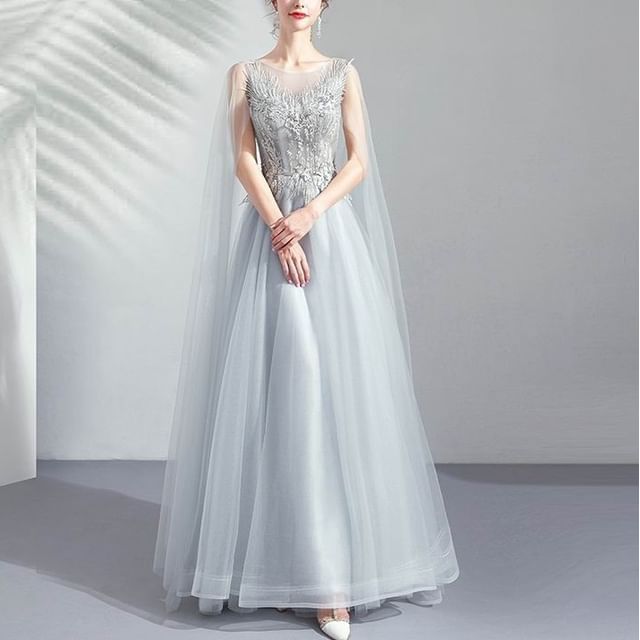 A-Line Gown Floral Embroidered Mesh Evening Sleeveless