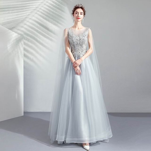 Cape-Sleeve Floral Embroidered A-Line Mesh Evening Gown