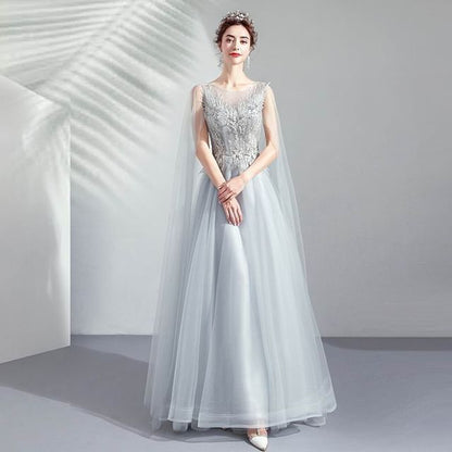 Cape-Sleeve Floral Embroidered A-Line Mesh Evening Gown