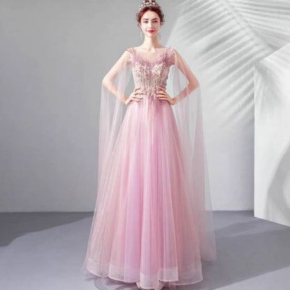 Cape-Sleeve Floral Embroidered A-Line Mesh Evening Gown