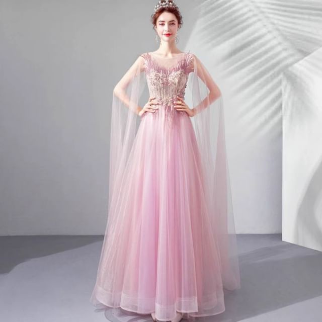 Sleeveless Floral Embroidered A-Line Mesh Evening Gown