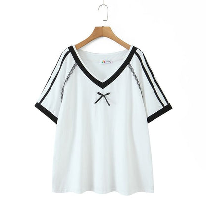 Short-Sleeve Lace Trim V-Neck Shirt