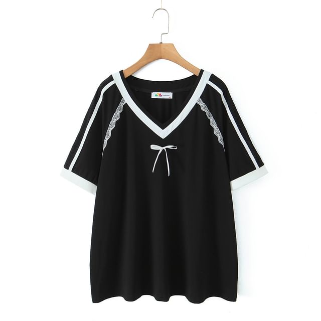 Short-Sleeve Lace Trim V-Neck Shirt