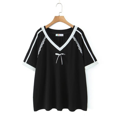 Short-Sleeve Lace Trim V-Neck Shirt