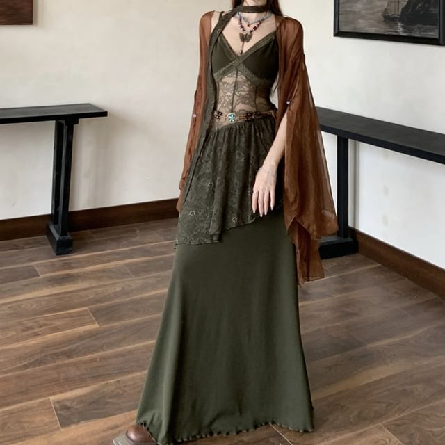 Spaghetti Strap V-Neck Plain Panel Lace Maxi A-Line Dress / Sash / Belt / Plain Open Front Light Jacket / Set
