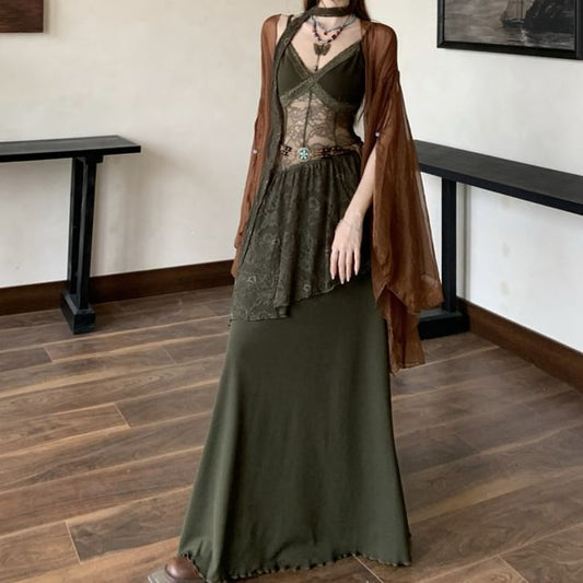 Spaghetti Strap V-Neck Plain Panel Lace Maxi A-Line Dress / Sash / Belt / Plain Open Front Light Jacket / Set
