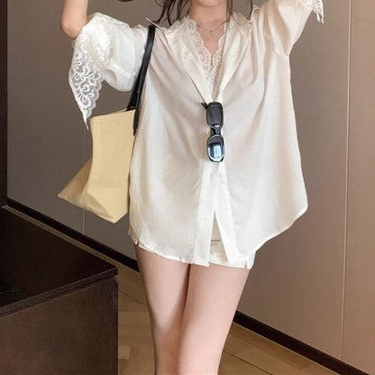 Collared Panel Lace Shirt with Long Sleeves