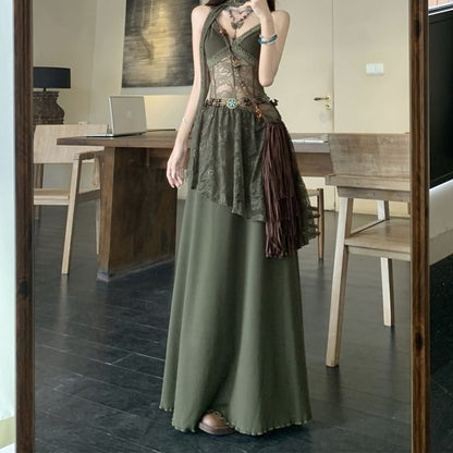 Spaghetti Strap V-Neck Plain Panel Lace Maxi A-Line Dress / Sash / Belt / Plain Open Front Light Jacket / Set
