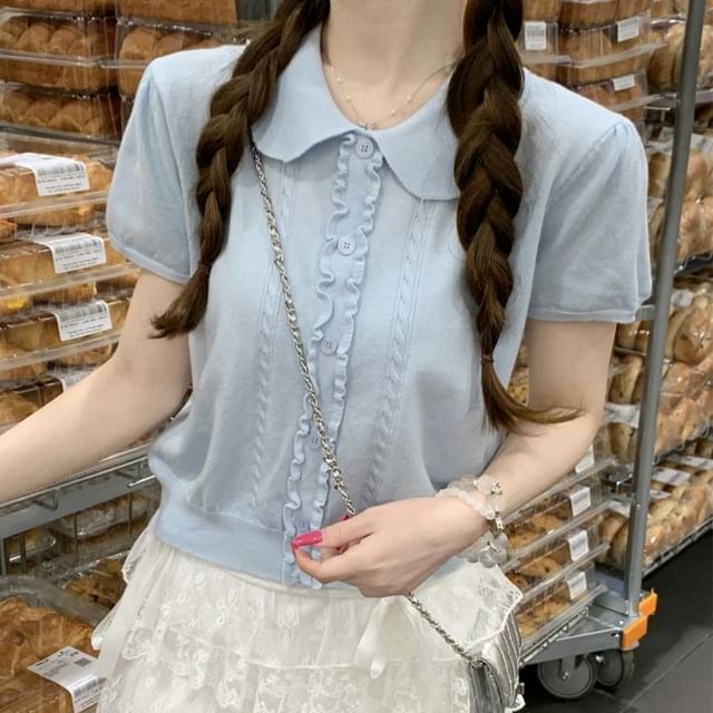 Frill-Trimmed Button Knit Top with Collar and Short Sleeves