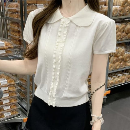 Frill-Trimmed Button Knit Top with Collar and Short Sleeves