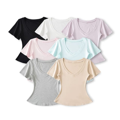 Plain Tee with Short Sleeves and Classic V-Neckline Cut