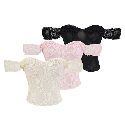 Off Shoulder Sleeveless Lace Top with Plain Frill Detail and Romantic Style
