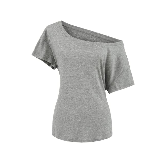 Off Shoulder Plain Tee with Short Sleeves and Relaxed Bardot Neckline