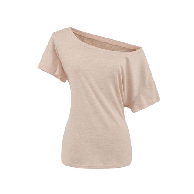 Off Shoulder Plain Tee with Short Sleeves and Relaxed Bardot Neckline