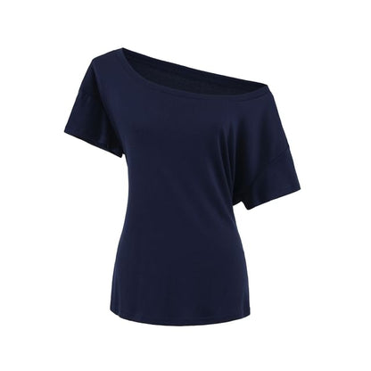 Off Shoulder Plain Tee with Short Sleeves and Relaxed Bardot Neckline