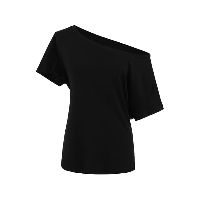 Off Shoulder Plain Tee with Short Sleeves and Relaxed Bardot Neckline