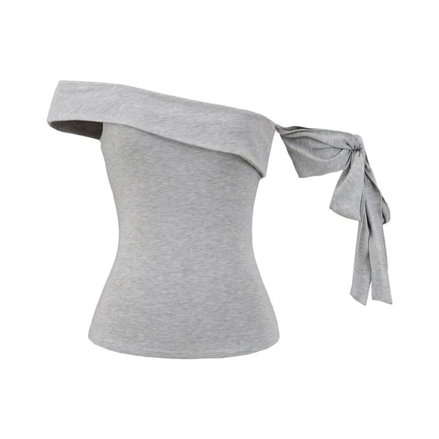 One Shoulder Sleeveless Top with Plain Tie-Up Detail and Asymmetric Cut