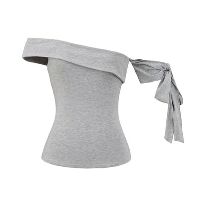One Shoulder Sleeveless Top with Plain Tie-Up Detail and Asymmetric Cut