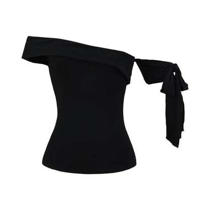 One Shoulder Sleeveless Top with Plain Tie-Up Detail and Asymmetric Cut