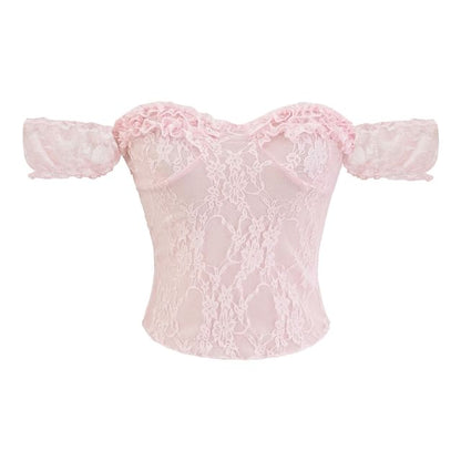 Off Shoulder Sleeveless Lace Top with Plain Frill Detail and Romantic Style