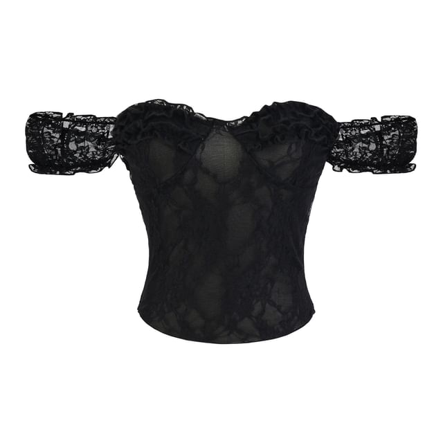 Off Shoulder Sleeveless Lace Top with Plain Frill Detail and Romantic Style