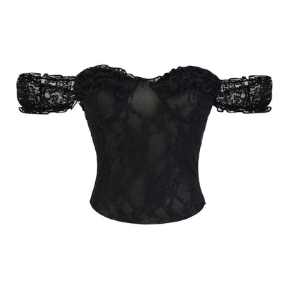 Off Shoulder Sleeveless Lace Top with Plain Frill Detail and Romantic Style