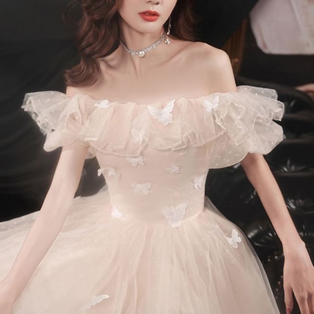 Off Shoulder Plain Bow Detail A-Line Evening Gown (Various Designs)
