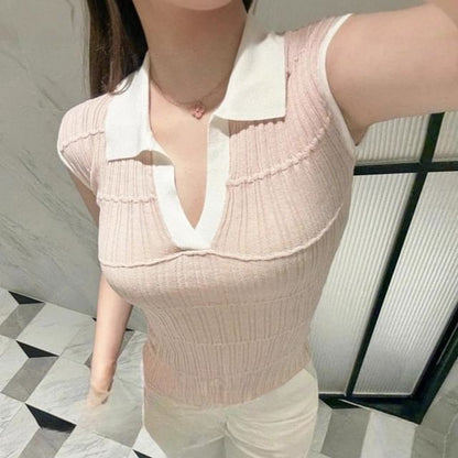 Two-Tone Ribbed Knit Polo Top with Cap Sleeves and Open Placket Detail