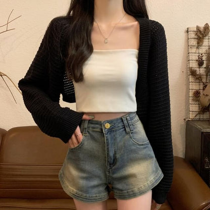 Plain Bolero Cardigan with Lightweight Knit and Versatile Layering Style