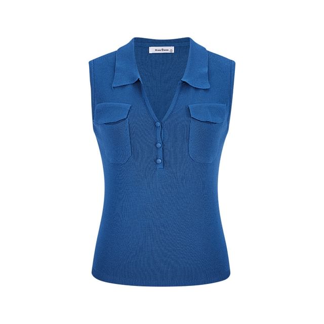Collared V-Neck Knit Top with Sleeveless Plain Flap Pocket and Refined Style