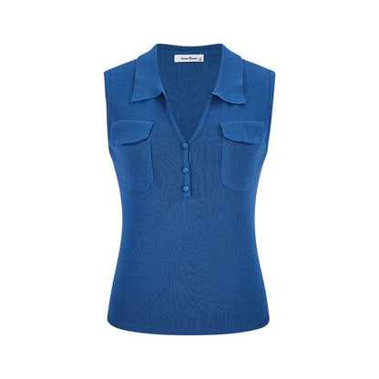 Collared V-Neck Knit Top with Sleeveless Plain Flap Pocket and Refined Style