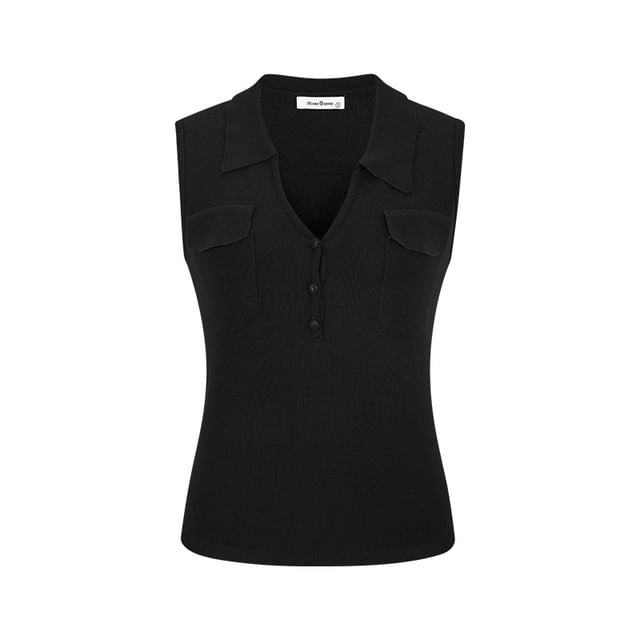 Collared V-Neck Knit Top with Sleeveless Plain Flap Pocket and Refined Style