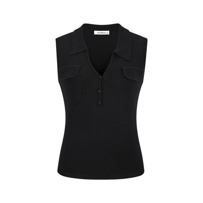 Collared V-Neck Knit Top with Sleeveless Plain Flap Pocket and Refined Style