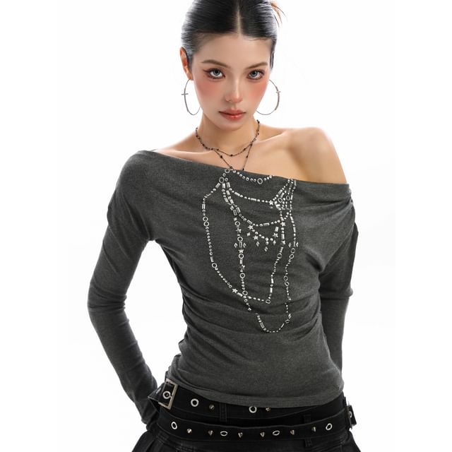 Off-Shoulder Studded Ruched Slim-Fit Long-Sleeve Tee
