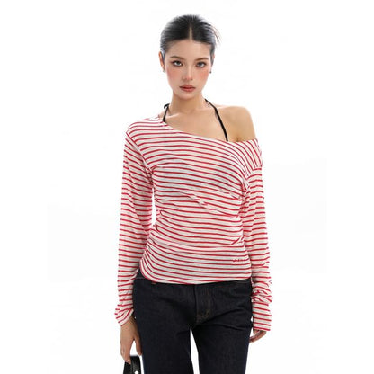 Sheer Striped Off-Shoulder Long-Sleeve T-Shirt