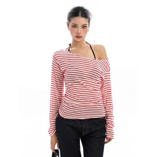 Sheer Striped Off-Shoulder Long-Sleeve T-Shirt