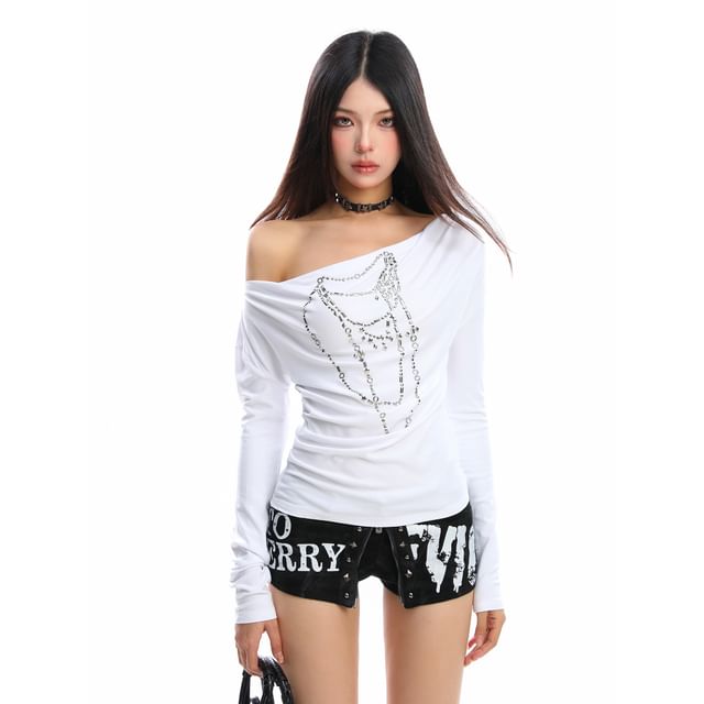 Off-Shoulder Studded Ruched Slim-Fit Long-Sleeve Tee