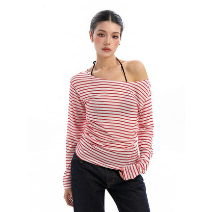 Sheer Striped Off-Shoulder Long-Sleeve T-Shirt