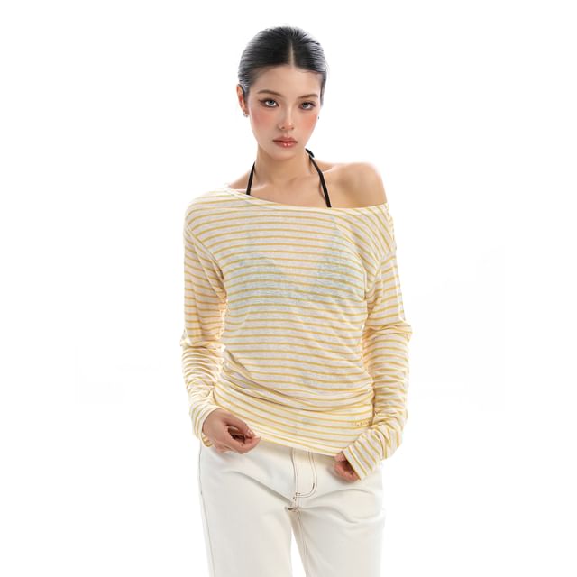 Sheer Striped Off-Shoulder Long-Sleeve T-Shirt