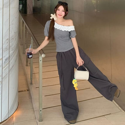 Off-Shoulder Striped Eyelet Lace-Trim Crop Top & High-Rise Baggy Cargo Pants