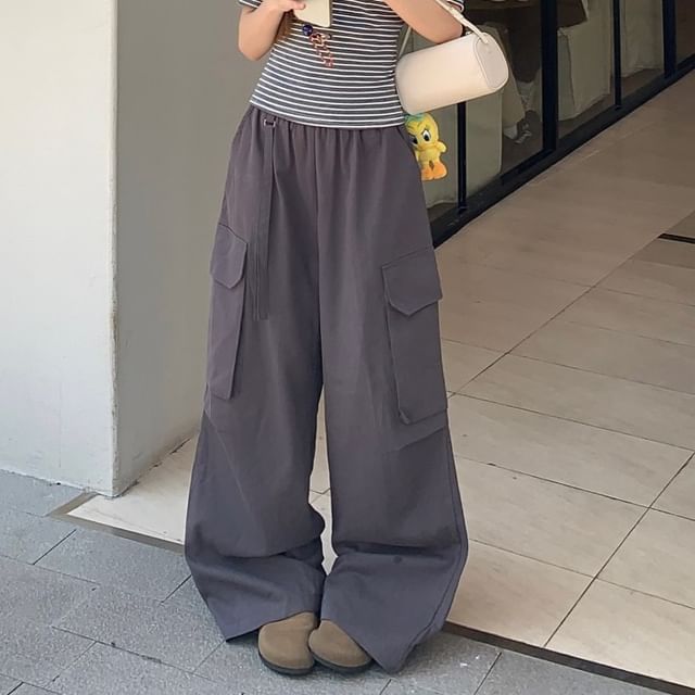 Off-Shoulder Striped Eyelet Lace-Trim Crop Top & High-Rise Baggy Cargo Pants