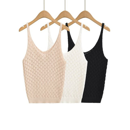 Pointelle Knit V-Neck Plain Cami Top
