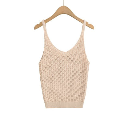 Pointelle Knit V-Neck Plain Cami Top