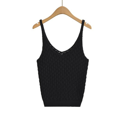 Pointelle Knit V-Neck Plain Cami Top