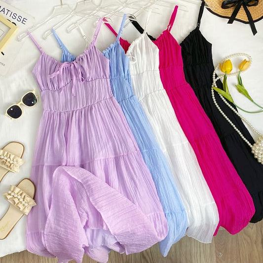 Spaghetti Strap Plain Tiered Tie-Up Midi A-Line Dress
