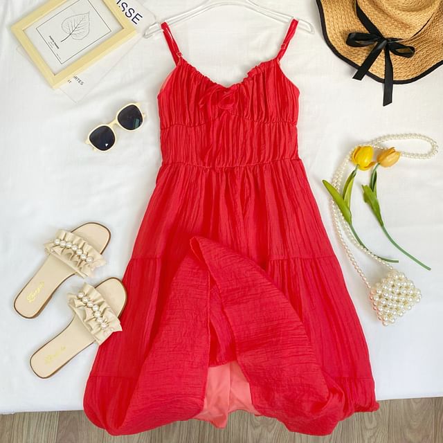Spaghetti Strap Plain Tiered Tie-Up Midi A-Line Dress