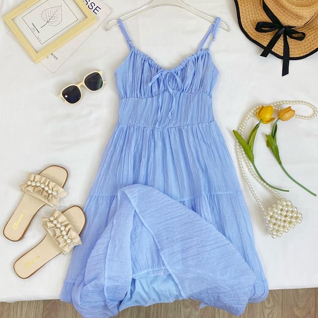 Spaghetti Strap Plain Tiered Tie-Up Midi A-Line Dress