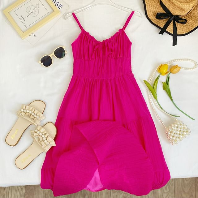 Spaghetti Strap Plain Tiered Tie-Up Midi A-Line Dress