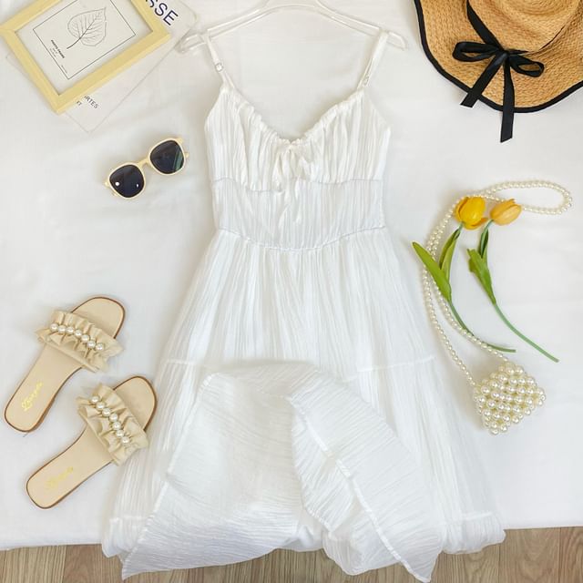 Spaghetti Strap Plain Tiered Tie-Up Midi A-Line Dress