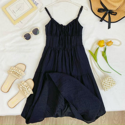 Spaghetti Strap Plain Tiered Tie-Up Midi A-Line Dress